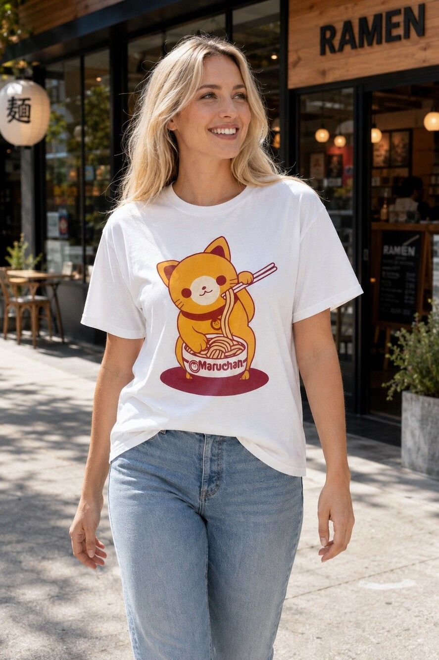 Maruchan Ramen Noodle Cat Graphic T-Shirt Adult Large White Kawaii Tee Cute